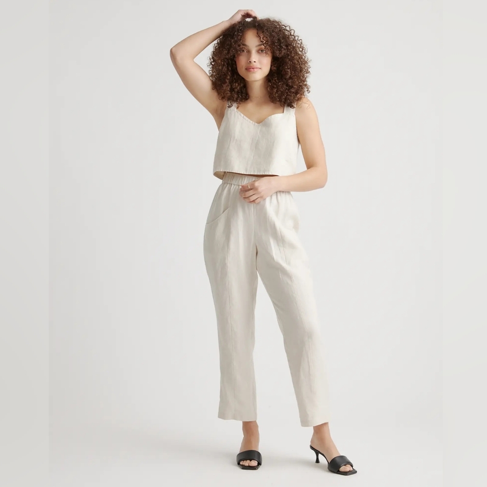 Linen-Blend Cream High-Waist Pants